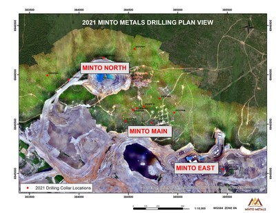 Figure 2. Minto Mine Project Plan View Map with 2021 drill collar locations. (CNW Group/Minto Metals Corp.) Figure 2. Minto Mine Project Plan View Map with 2021 drill collar locations. (CNW Group/Minto Metals Corp.)