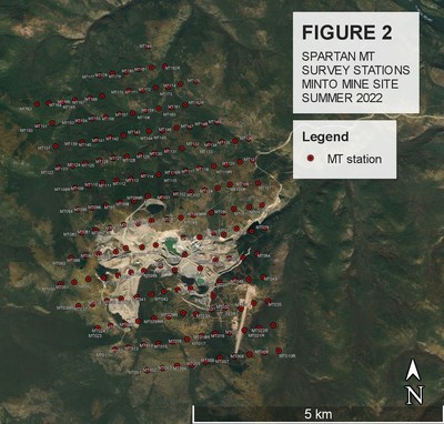 Figure 2: Location map for the MT survey over the Minto Mine Property. Individual MT data collection points highlighted. (CNW Group/Minto Metals Corp.) Figure 2: Location map for the MT survey over the Minto Mine Property. Individual MT data collection points highlighted. (CNW Group/Minto Metals Corp.)