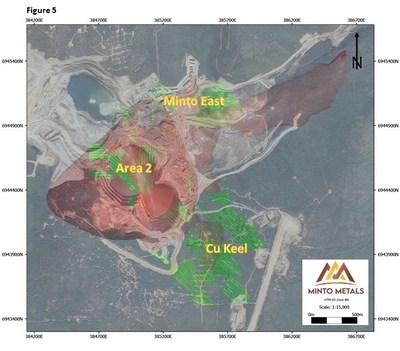 Figure 5. Plan view map depicting the Minto Mine Property site surface infrastructure (satellite image) and underground mine development (Green) with projected 3D MT resistivity clipped at 100 ohm-m. (CNW Group/Minto Metals Corp.) Figure 5. Plan view map depicting the Minto Mine Property site surface infrastructure (satellite image) and underground mine development (Green) with projected 3D MT resistivity clipped at 100 ohm-m. (CNW Group/Minto Metals Corp.)