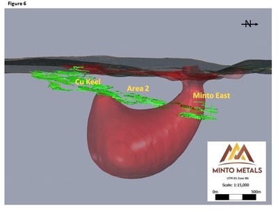 Figure 6. 3D view looking Az 255° (north is to the right) depicting MT Anomaly ‘A’ clipped at 100 ohm-m from Figures 3&4 in spatial relationship to underground mine development from Figure 5. (CNW Group/Minto Metals Corp.) Figure 6. 3D view looking Az 255° (north is to the right) depicting MT Anomaly ‘A’ clipped at 100 ohm-m from Figures 3&4 in spatial relationship to underground mine development from Figure 5. (CNW Group/Minto Metals Corp.)