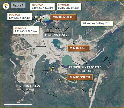 Figure 1. Minto Mine Complex Plan View Map with highlighted Drilling results in this Release. (CNW Group/Minto Metals Corp.) Figure 1. Minto Mine Complex Plan View Map with highlighted Drilling results in this Release. (CNW Group/Minto Metals Corp.)
