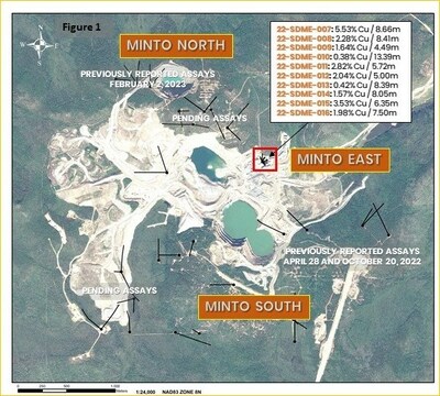 Figure 1. Minto Mine Complex Plan View Map with highlighted Drilling results in this Release. (CNW Group/Minto Metals Corp.)